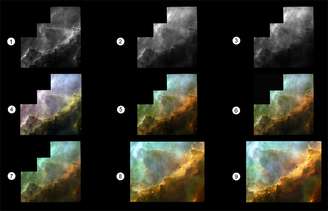 Sequência mostra a produção de uma imagem do Hubble. Os primeiros quadros são de três exposições diferentes e registram enxofre (1, em vermelho na imagem final), hidrogênio (2, verde) e oxigênio (3, azul). O quadro 4 mostra a primeira tentativa de uma imagem composta, que é aperfeiçoada até a composição final (9)