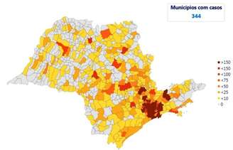 Mapa de São Paulo mostra avanço do coronavírus para o interior