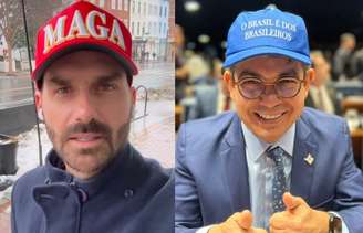 Deputado federal Eduardo Bolsonaro (PL-SP) e senador Ranfolfe Rodrigues (PT-AP) batem boca na internet sobre uso de boné 'a la Trump'.
