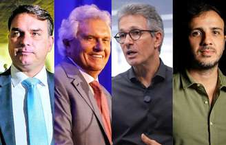 Pré-candidatos à Presidência da República: Flávio Bolsonaro (PL), Ronaldo Caiado (PSD), Romeu Zema (Novo) e Renan Santos (Missão)