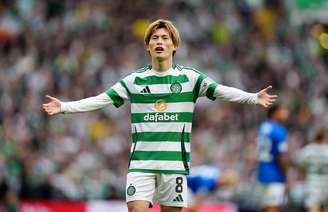 Kyogo Furuhashi (Celtic) celebrando seu gol contra o Rangers, no dia 01.09.2024 