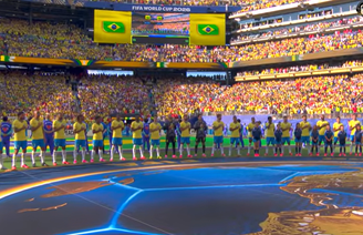 Seleção Brasileira durante o hino nacional no primeiro jogo da Copa do Mundo 2026