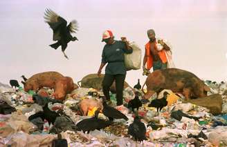 Porcos, urubus e catadores de lixo são vistos no Lixão de Itaoca, em 1999