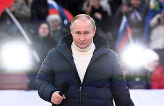Vladimir Putin em show pelo aniversário da anexação da Crimeia, em 18 de março de 2022