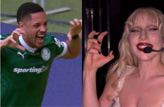 Vitor Roque e Lady Gaga fazem sinais parecidos
