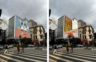 Painel de 300 m² na empena do Edifício Herculano de Almeida (vertical, à esq.) e 400 m² na fachada da Galeria Sampa