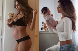 A modelo americana Sarah Stage mostra barriga definida aos 9 meses de gestação e segura seu filho no colo 10 dias após o parto