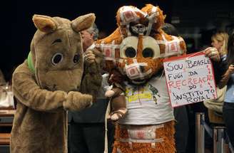 <p>Manifestantes fantasiados de cães fazem protesto durante reunião de comissão da Câmara para tratar do caso do Instituto Royal</p>