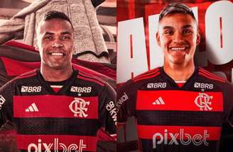 Alex Sandro e Alcaraz nos anúncios de chegada ao clube. Fotos: Divulgação / Flamengo