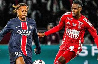 Divulgação/ Brest - Legenda: Barcola tenta sair da marcação do Brest no duelo em que o PSG venceu por 3 a 1