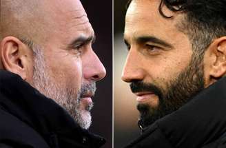 Fotos: Alex Pantling e Gareth Copley Getty Images - Legenda: Guardiola e Ruben Amorim comandam City e United, que se enfrentam neste domingo