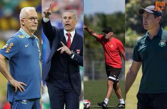 Fotos: Rafael Ribeiro/CBF/Kevin C. Cox/Getty Images/Divulgação/Divulgação - Legenda: Dorival Júnior, Sylvinho, Vinícius Eutrópio e Juliano Schmeling são os treinadores brasileiros nas seleções masculinas