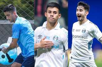 Fotos: Caroline Motta e Lucas Uebel / Grêmio FBPA - Legenda: Cristian Olivera (esquerda), Aravena (centro) e Villasanti (direita) serão ausência em preparação do Grêmio para estreia na Série A