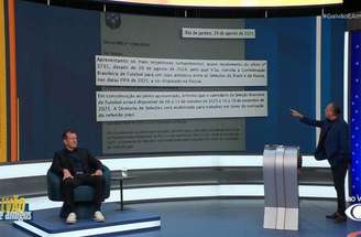 Reprodução / TV Band - Legenda: Galvão Bueno mostra convite aceito de Ednaldo Rodrigues, presidente da CBF