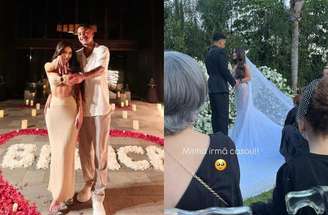 Fotos: Reprodução / Redes sociais - Legenda: Ângelo, atacante ex-Santos, oficializou união com Bianca Anchieta após quase dois anos de namoro