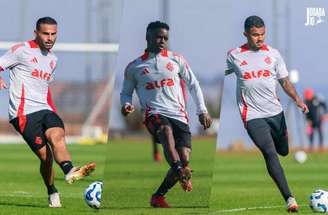 Fotos: Ricardo Duarte / Internacional - Legenda: Thiago Maia (esquerda), Carbonero (meio) e Clayton Sampaio (direita) concorrem a vagas no time titular do Inter