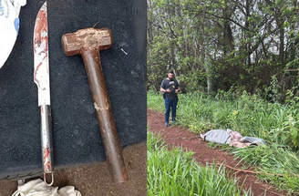 Montagem com as ferramentas que teriam sido usadas no crime e do local onde o padre foi encontrado