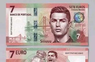 - Reprodução de Vídeo - Legenda: Nota falsa de 7 euros com a efígie de Cristiano Ronaldo circula nas redes sociais