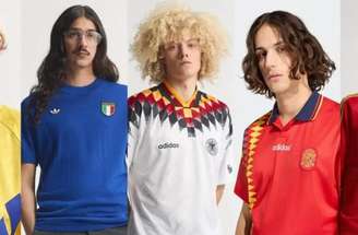 Modelos de camisas das seleções da América do Sul que estão disponíveis para venda. Chile, Colômbia, México e Argentina, respectivamente  –