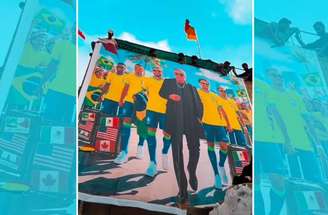Ali Baloch (centro) exibe o banner gigante em homenagem à Seleção Brasileira no Paquistão – Reprodução