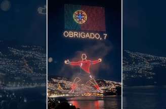 Reprodução de vídeo - Legenda: Vídeo gerado por IA simula homenagem a Cristiano Ronaldo feita por drones