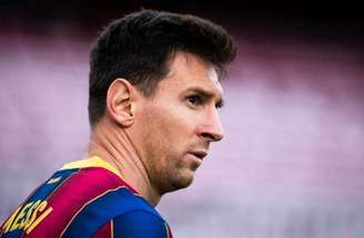 Messi em 2021, sua última temporada pelo Barcelona –
