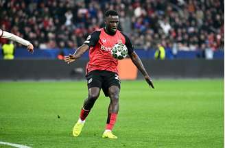  Victor Boniface (Bayer Leverkusen) durante jogo contra o Bayern de Munique, no dia 11.03.2025 