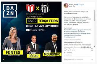 José Mourinho será um dos comentaristas do jogo entre River Plate e Santos (Foto: Instagram/Reprodução)