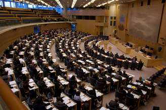 Vista do interior do prédio do Sveriges Riksdag (Parlamento sueco), onde foram realizadas diversas das reuniões da Conferência de Estocolmo
