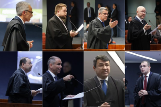 Na foto, da esquerda para direita: Jair Alves Pereira, advogado ne Mauro Cid; Matheus Milanez, advogado de Augusto Heleno; Paulo Renato Garcia Cintra, advogado de Alexandre Ramagem; Demóstenes Torres, advogado de Almir Garnier; Celso Sanchez Vilardi, advogado de Bolsonaro; José Luis de Oliveira Lima, advogado de Braga Netto; Eumar Roberto Novacki, advogado de Anderson Torres; e Andrew Fernandes Farias, advogado de Paulo Sérgio Nogueira.