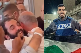 À esquerda, Naji Aljafarawi ao reencontrar o pai; à direita, seu irmão, Saleh Aljafarawi, jornalista morto neste domingo