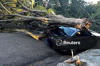 Árvore caída sobre veículo e fiação de energia e telefonia após tempestade em SP.
REUTERS/Leticia Fucuchima