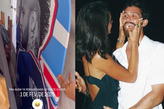 Na foto à esquerda, totem de Neymar; à direita, Bruna Marquezine e João Guilherme na Fazenda Talismã, em fevereiro de 2025