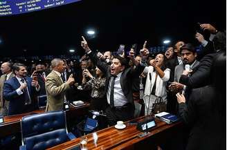Senadores celebrando com os braços levantados no plenário