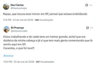 Internautas relataram ter sentido tremo em São Paulo