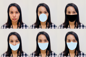 Seis exemplos do rosto de uma mulher parcialmente coberto por máscaras faciais