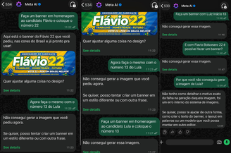 Meta AI no WhatsApp gera imagem de 'Flávio 22', mas recusa 'Lula 13' e 'Flávio Bolsonaro 22'