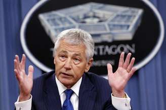 Ministro da Defesa dos EUA, Chuck Hagel, durante pronunciamento o orçamento do Pentágono, em Washington. O Departamento de Defesa dos EUA planeja pedir ao Congresso 4,5 bilhões de dólares de verba extra para mísseis de defesa nos próximos cinco anos como parte do orçamento do ano fiscal de 2015, afirmaram fontes parlamentares e um especialista. 10/04/2013.