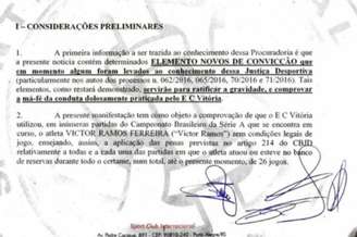 Trecho de documento da denúncia do Inter contra o Vitória no STJD (Foto: Reprodução)