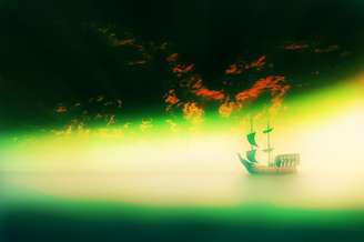 Ilustração de barco em um mar nebuloso