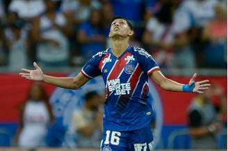 Erick Pulga (Bahia) comemorando seu gol contra o Vitória, no dia 16.03.2025 