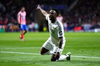 Vinícius Júnior em partida do Real Madrid contra o Atlético de Madrid, pela Champions League 2024/25 