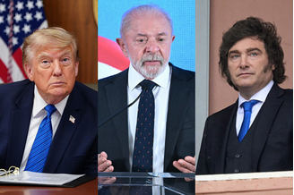 Montagem com fotos de Trump, Lula e Milei