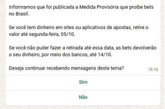 Mensagem aponta prazo para retirada de valores