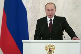 O presidente russo, Vladimir Putin, discursa à nação no Kremlin, em Moscou