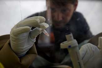 <p>Cientista separa as células do sangue para isolar o vírus Ebola para um teste no laboratório móvel europeu em Gueckedou, Guiné, em 3 de abril</p>
