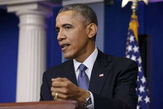 Presidente dos EUA, Barack Obama, responde a uma pergunta sobre o ataque cibernético a Sony Pictures durante sua coletiva de imprensa anual, realizada na Casa Branca, em Washington, em 19 de dezembro