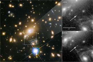 Registro da estrela Icarus graças às lentes gravitacionais (Foto: NASA, ESA, P. Kelly)