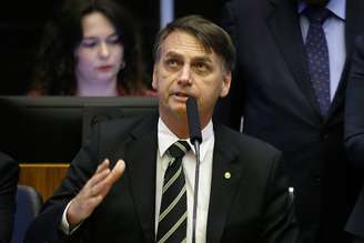 Presidente eleito Jair Bolsonaro (PSL) durante discurso na sessão especial realizada no Congresso Nacional, em Brasília