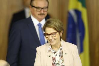 A ministra da Agricultura, Tereza Cristina, e o Secretario de Assuntos Fundiários do Ministério da Agricultura, Nabhan Garcia, durante declaração conjunta do presidente da Argentina, Mauricio Macri, e o presidente brasileiro Jair Bolsonaro, no Palácio do Planalto, em Brasília